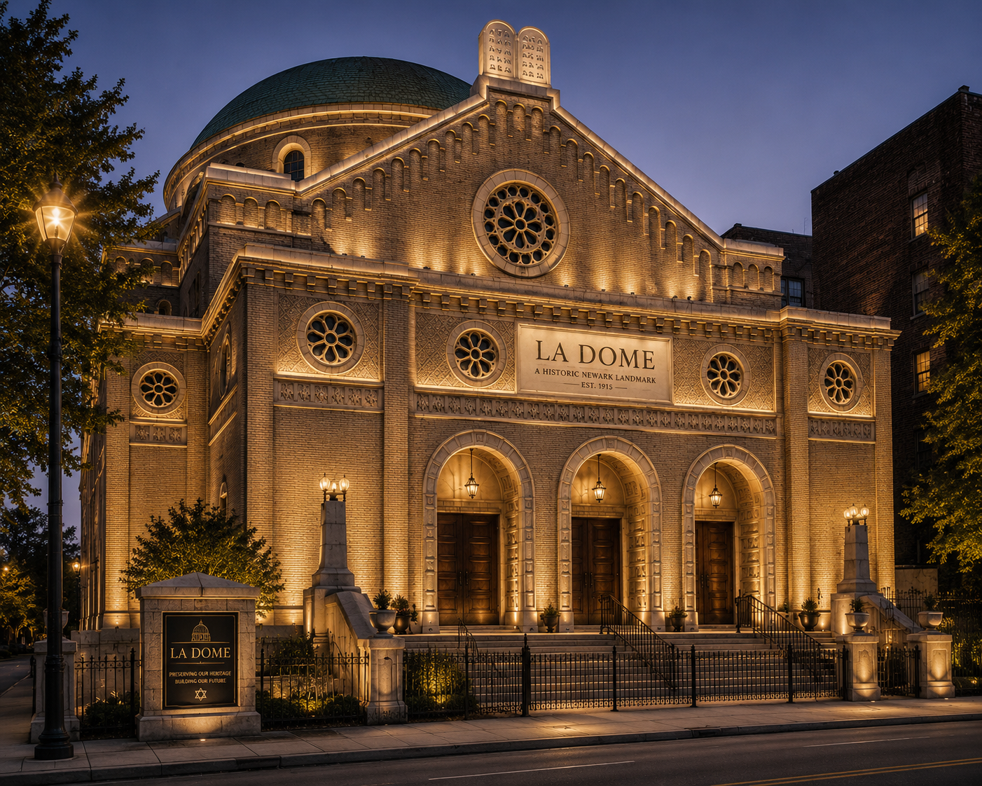 La Dome — historic Newark landmark illuminated at dusk